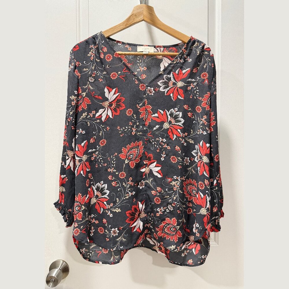 Charcoal Gray Blouse with Boho Red Paisley Floral